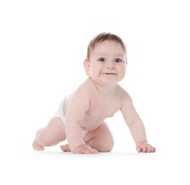 Photo of Cute little baby crawling on white background