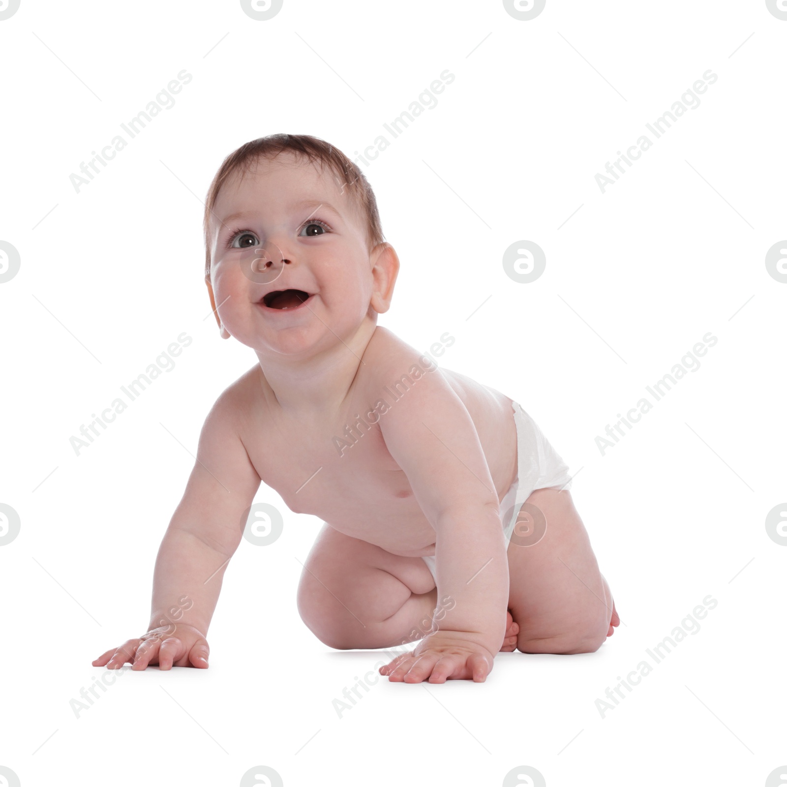 Cute little baby crawling on white background Photo of Cute little baby crawling on white background