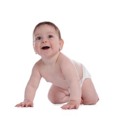 Photo of Cute little baby crawling on white background
