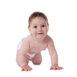 Photo of Cute little baby crawling on white background