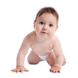 Photo of Cute little baby crawling on white background