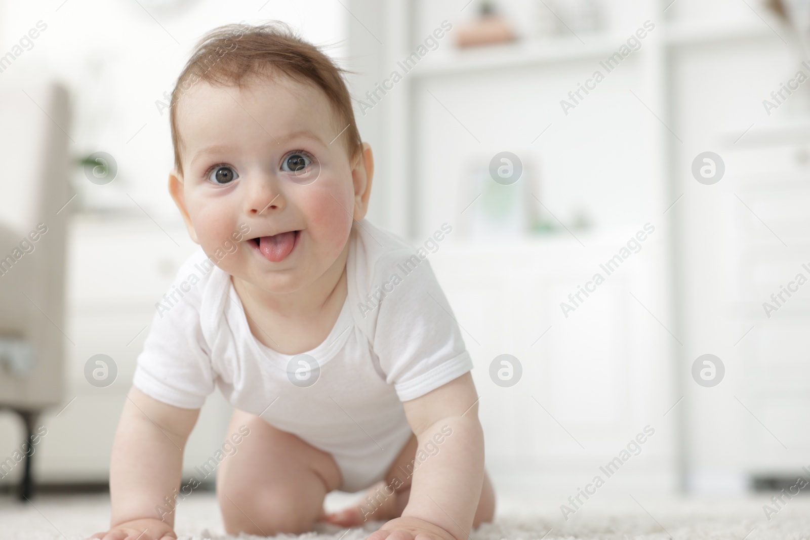 Cute little baby crawling on floor at home. Space for text Photo of Cute little baby crawling on floor at home. Space for text