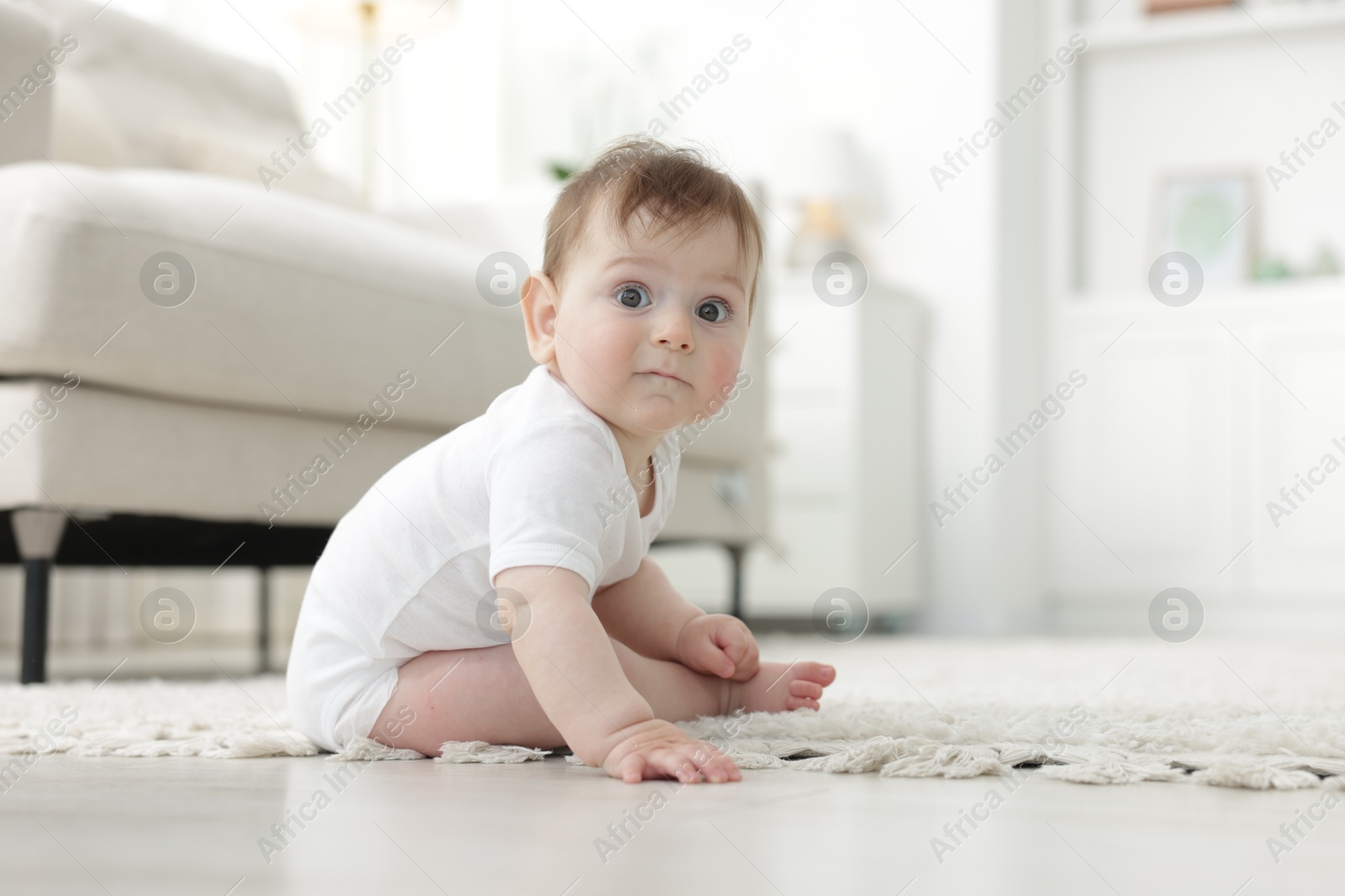 Cute little baby crawling on floor at home Photo of Cute little baby crawling on floor at home
