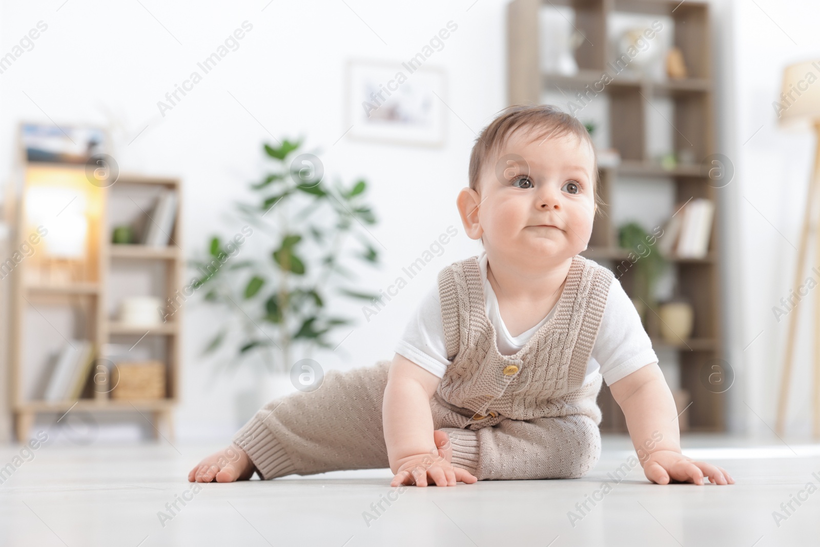 Cute little baby crawling on floor at home. Space for text Photo of Cute little baby crawling on floor at home. Space for text