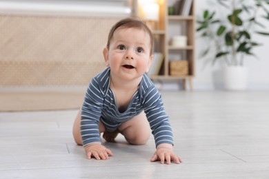 Photo of Cute little baby crawling on floor at home