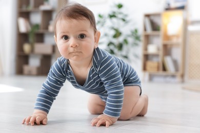 Photo of Cute little baby crawling on floor at home