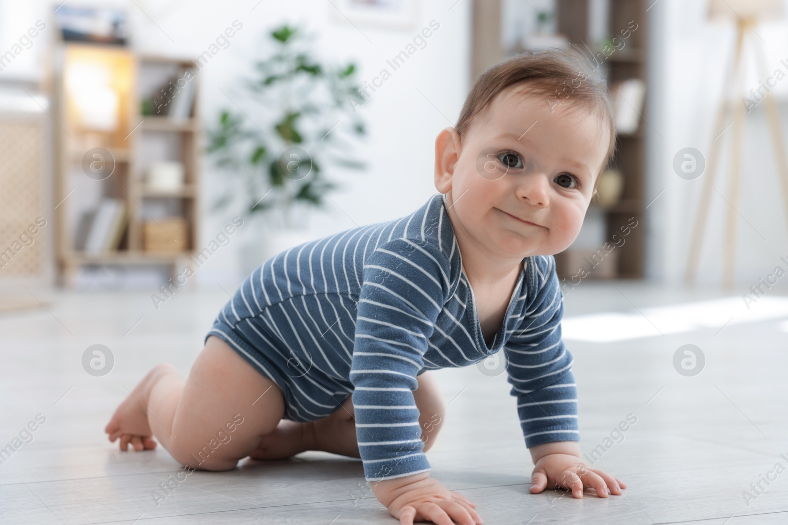 Cute little baby crawling on floor at home Photo of Cute little baby crawling on floor at home