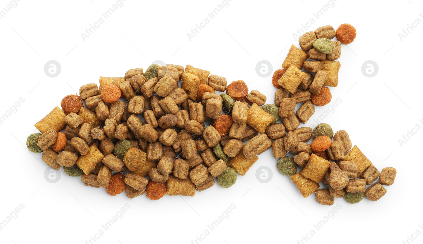 Fish shape made of dry pet food isolated on white, top view Photo of Fish shape made of dry pet food isolated on white, top view