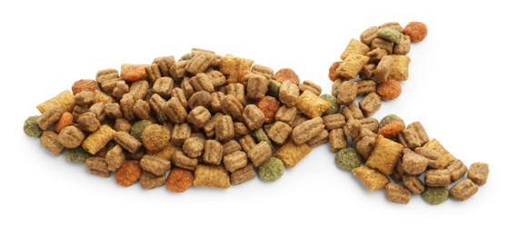 Photo of Fish shape made of dry pet food isolated on white, top view