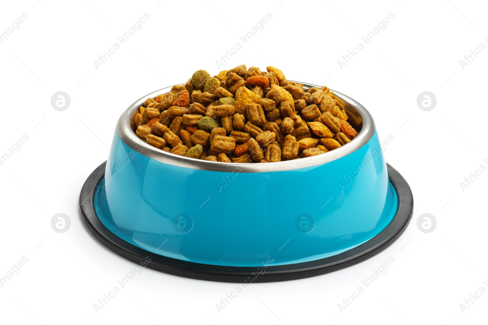 Dry pet food in feeding bowl isolated on white Photo of Dry pet food in feeding bowl isolated on white