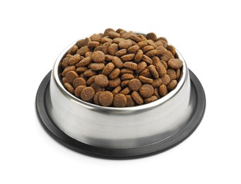 Photo of Dry pet food in feeding bowl isolated on white