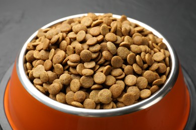 Photo of Dry pet food in feeding bowl on dark background, closeup
