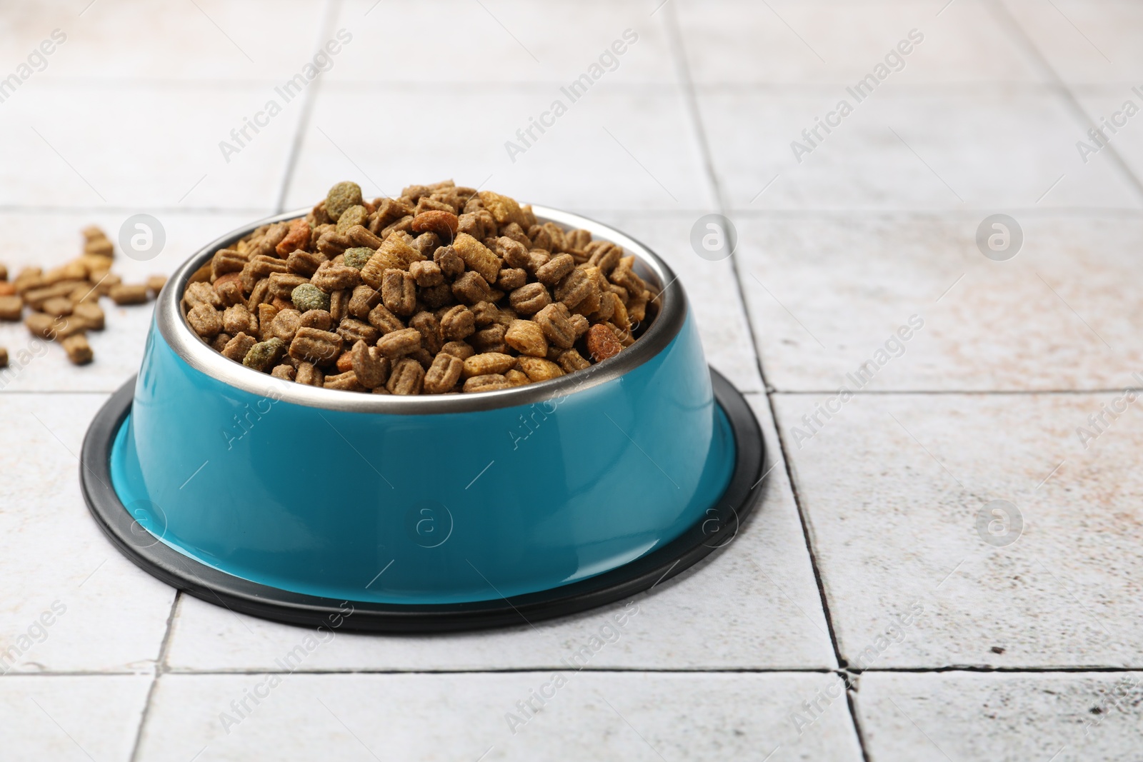 Dry pet food in feeding bowl on light tiled background, closeup Photo of Dry pet food in feeding bowl on light tiled background, closeup