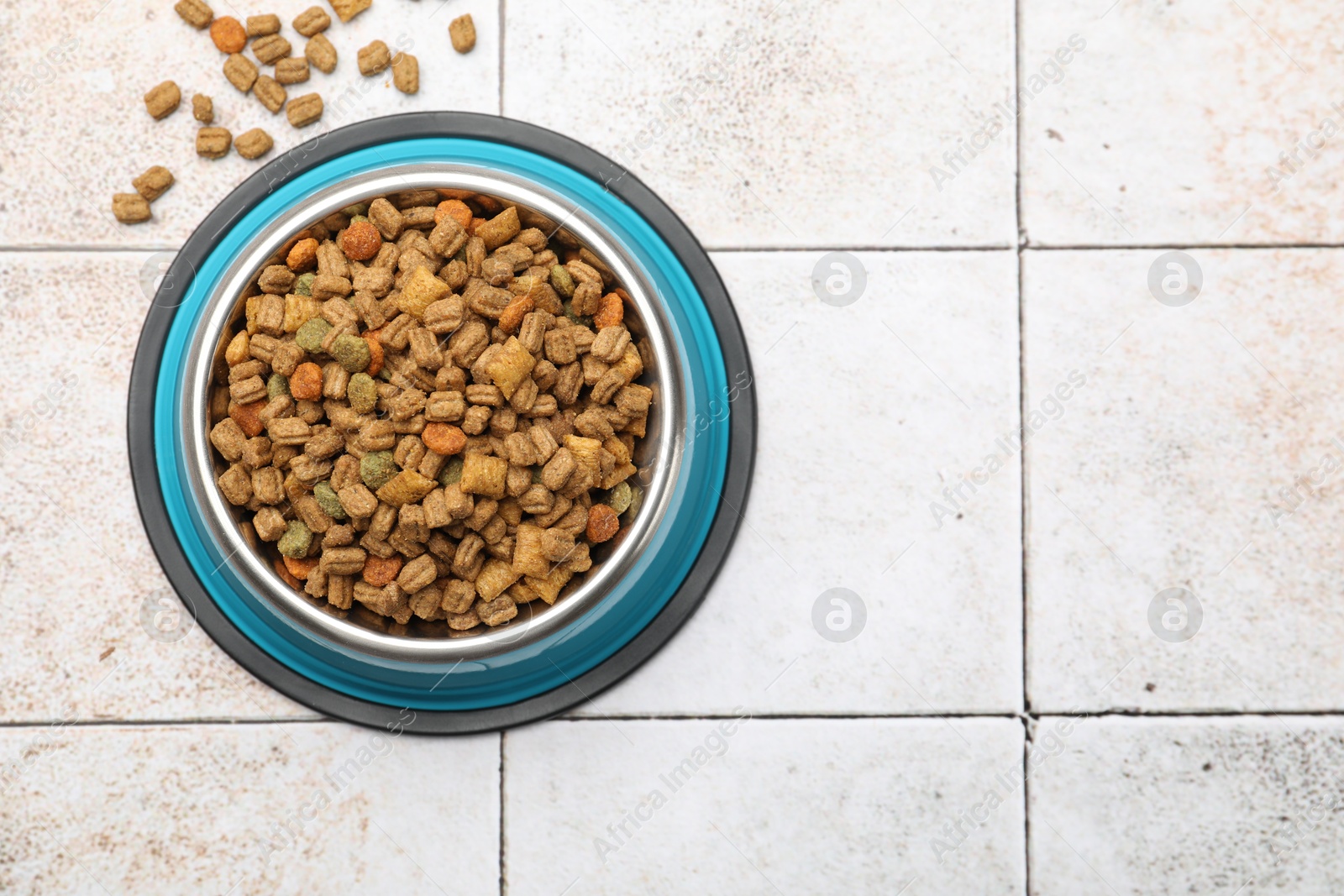 Dry pet food in feeding bowl on light tiled background, top view. Space for text Photo of Dry pet food in feeding bowl on light tiled background, top view. Space for text