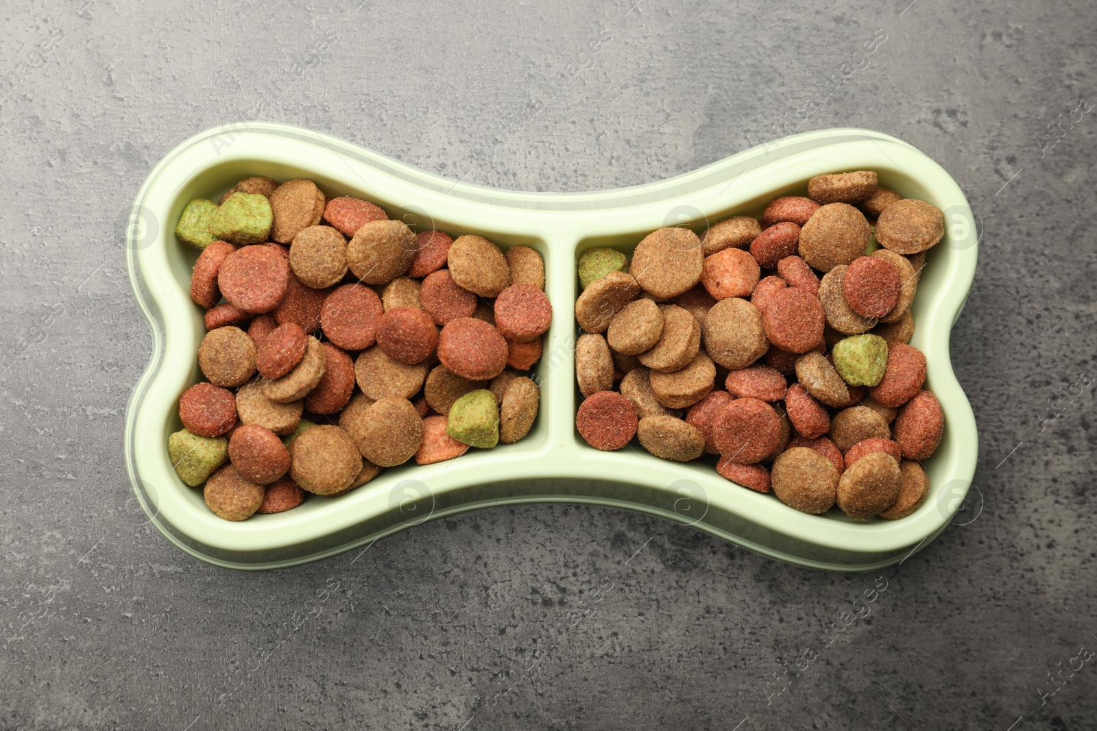 Dry pet food in feeding bowl on gray textured background, top view Photo of Dry pet food in feeding bowl on gray textured background, top view