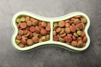 Photo of Dry pet food in feeding bowl on gray textured background, top view