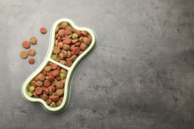 Photo of Dry pet food in feeding bowl on gray textured background, top view. Space for text