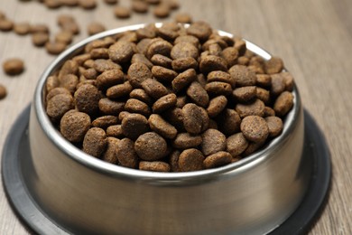 Photo of Dry pet food in feeding bowl on floor, closeup