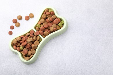 Photo of Dry pet food in feeding bowl on gray background, top view. Space for text
