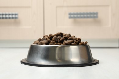 Photo of Dry pet food in feeding bowl on floor