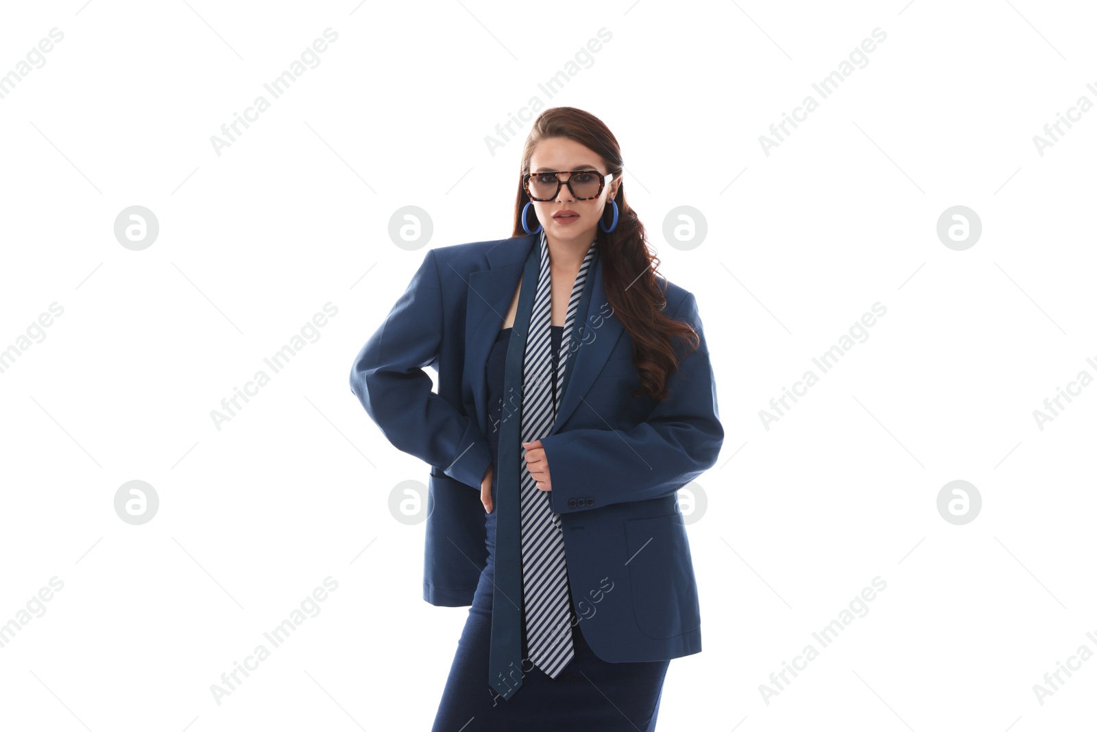 Young woman in stylish clothes on white background Photo of Young woman in stylish clothes on white background