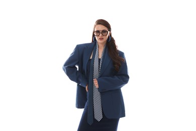 Photo of Young woman in stylish clothes on white background