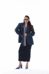 Photo of Young woman in stylish clothes on white background