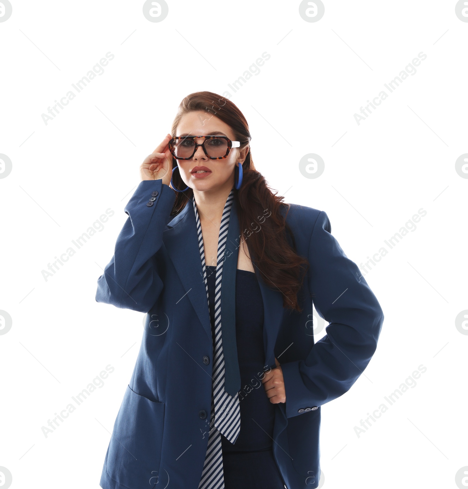 Young woman in stylish clothes on white background Photo of Young woman in stylish clothes on white background