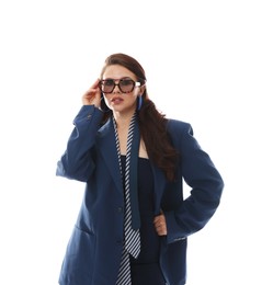 Photo of Young woman in stylish clothes on white background