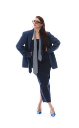 Photo of Young woman in stylish clothes on white background