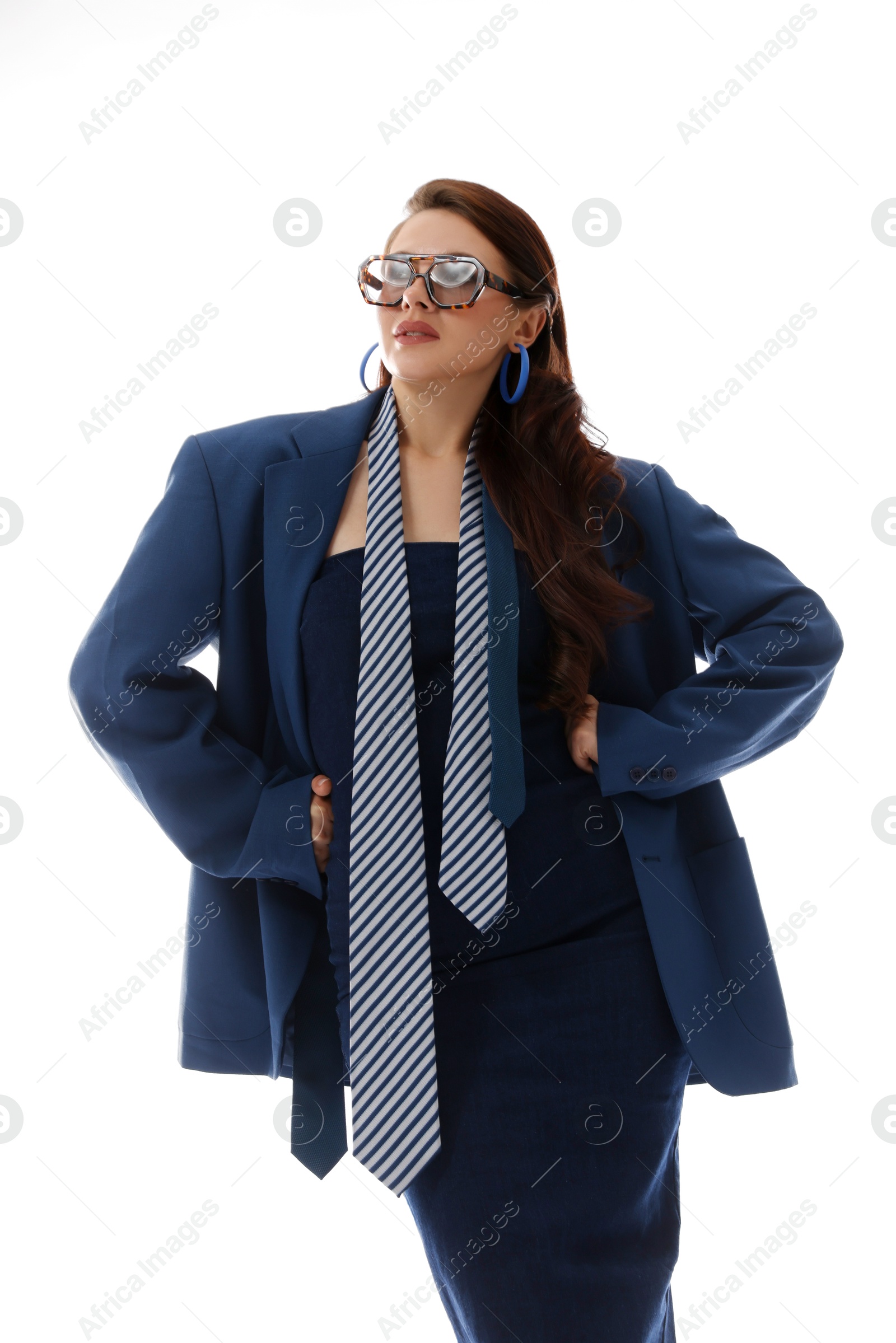 Young woman in stylish clothes on white background Photo of Young woman in stylish clothes on white background