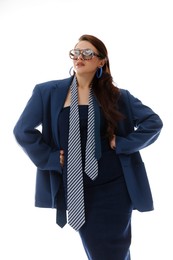 Photo of Young woman in stylish clothes on white background