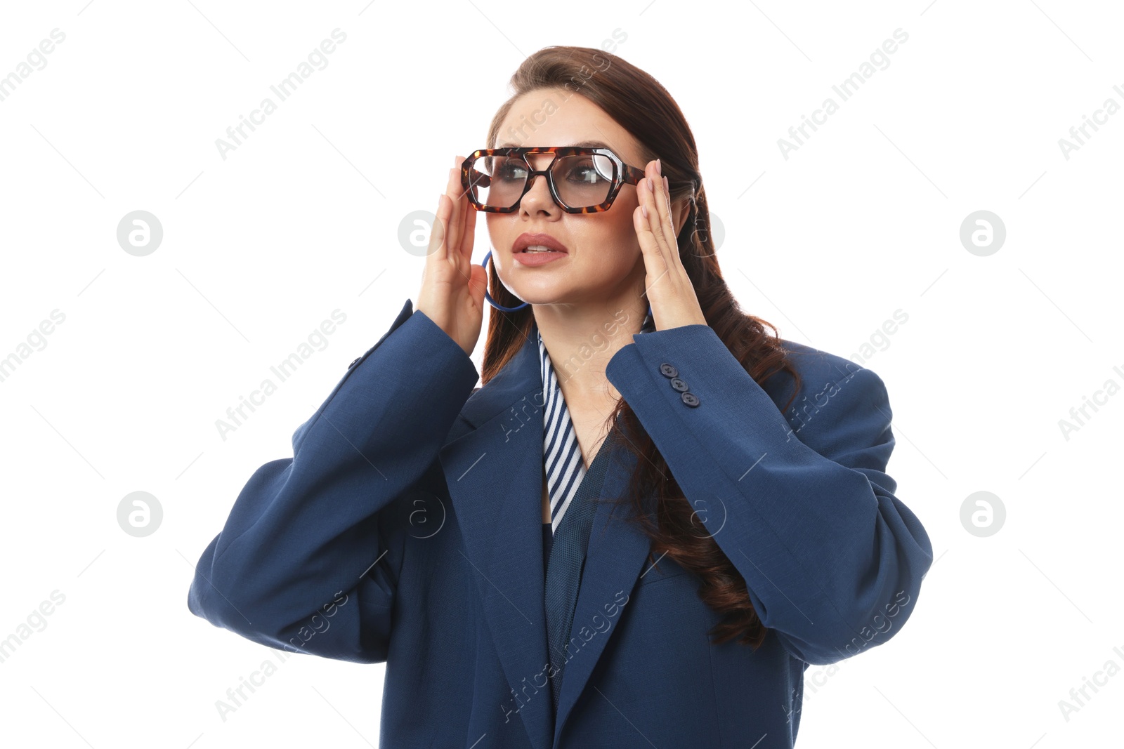 Young woman in stylish clothes on white background Photo of Young woman in stylish clothes on white background