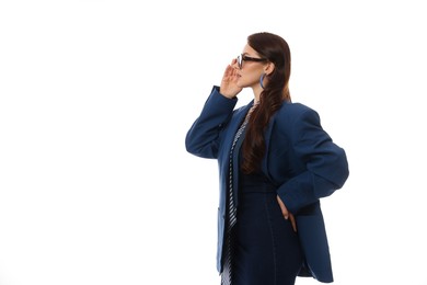 Photo of Young woman in stylish clothes on white background, space for text