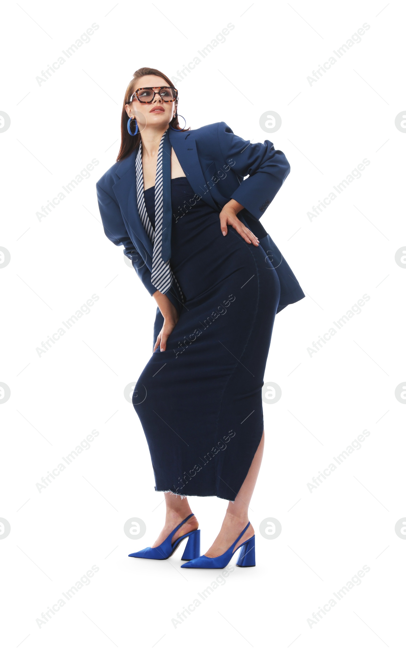 Young woman in stylish clothes on white background Photo of Young woman in stylish clothes on white background