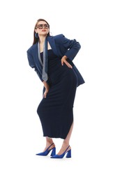 Photo of Young woman in stylish clothes on white background