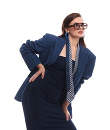 Photo of Young woman in stylish clothes on white background