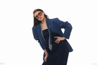 Photo of Young woman in stylish clothes on white background