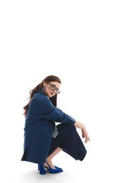 Photo of Young woman in stylish clothes on white background