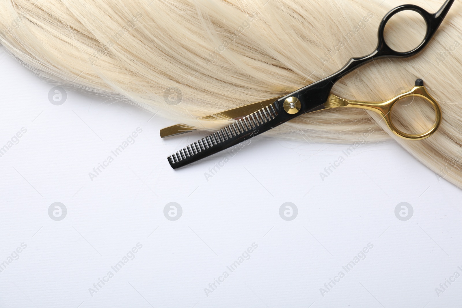 Hair lock and scissors on white background, top view. Space for text Photo of Hair lock and scissors on white background, top view. Space for text