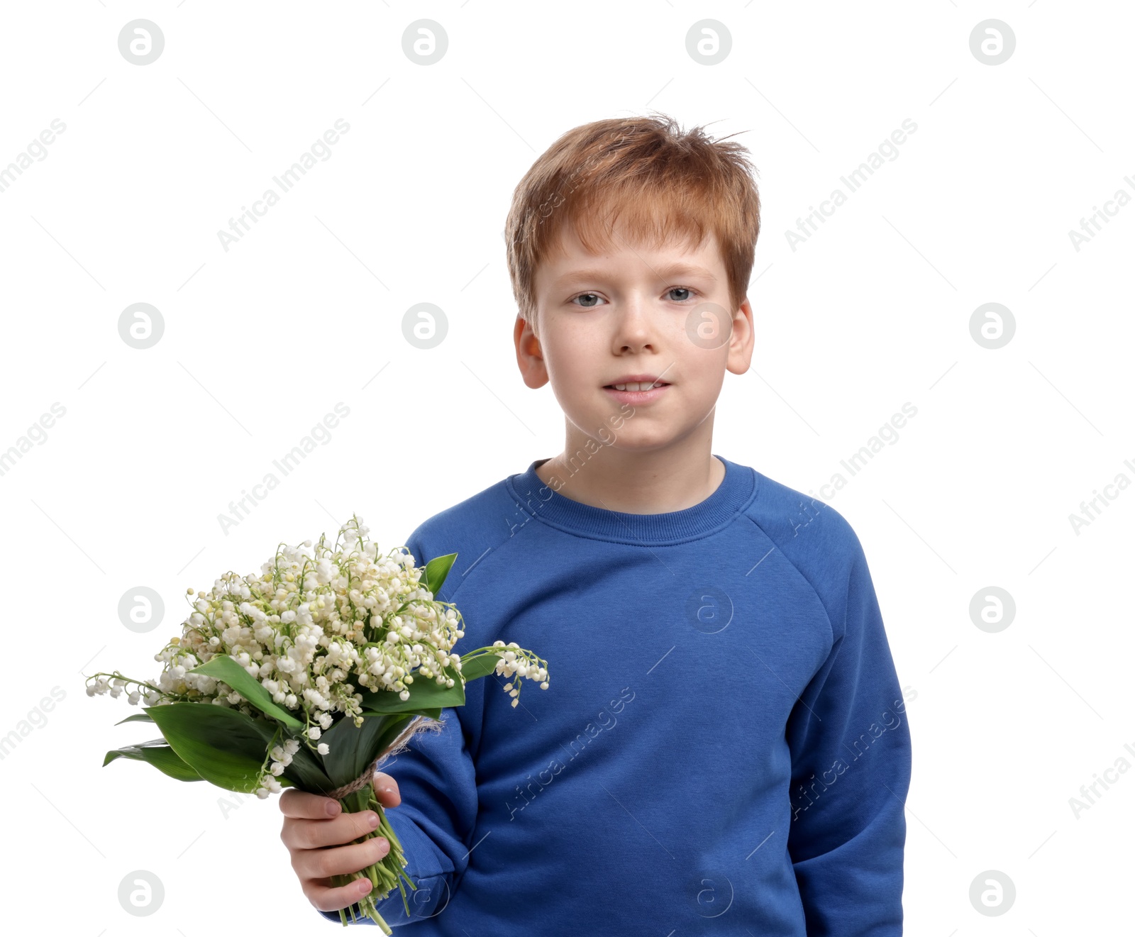 Boy with bouquet of beautiful lily-of-the-valley flowers on white background Photo of Boy with bouquet of beautiful lily-of-the-valley flowers on white background