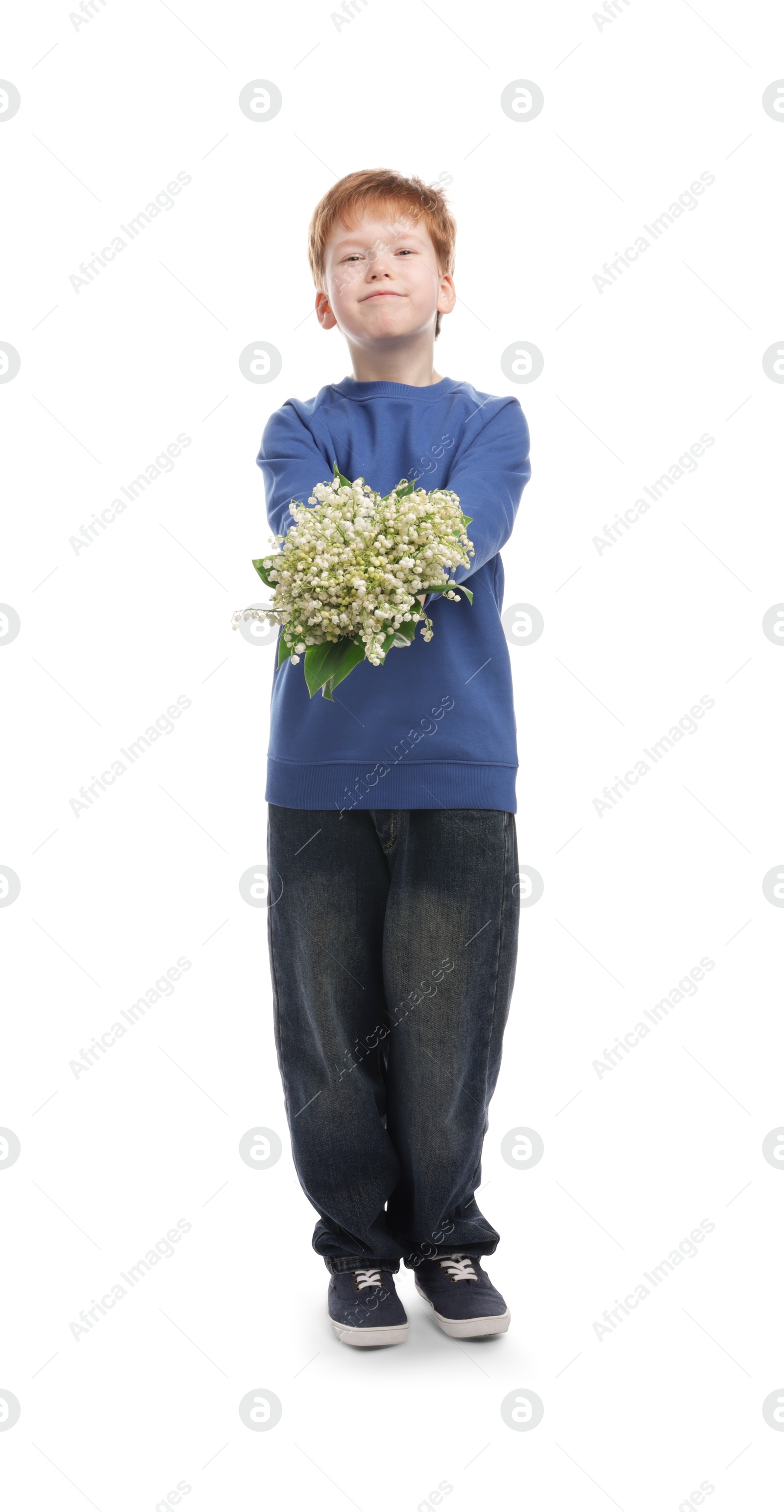 Boy with bouquet of beautiful lily-of-the-valley flowers on white background Photo of Boy with bouquet of beautiful lily-of-the-valley flowers on white background