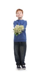 Photo of Boy with bouquet of beautiful lily-of-the-valley flowers on white background