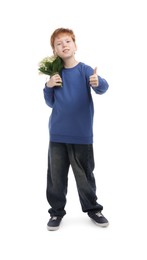 Photo of Boy with bouquet of beautiful lily-of-the-valley flowers showing thumbs up on white background