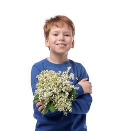 Photo of Boy with bouquet of beautiful lily-of-the-valley flowers on white background