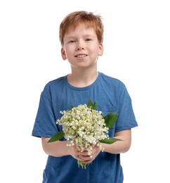 Photo of Boy with bouquet of beautiful lily-of-the-valley flowers on white background