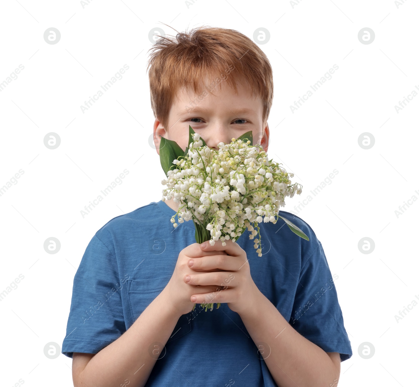 Boy with bouquet of beautiful lily-of-the-valley flowers on white background Photo of Boy with bouquet of beautiful lily-of-the-valley flowers on white background