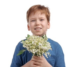 Photo of Boy with bouquet of beautiful lily-of-the-valley flowers on white background