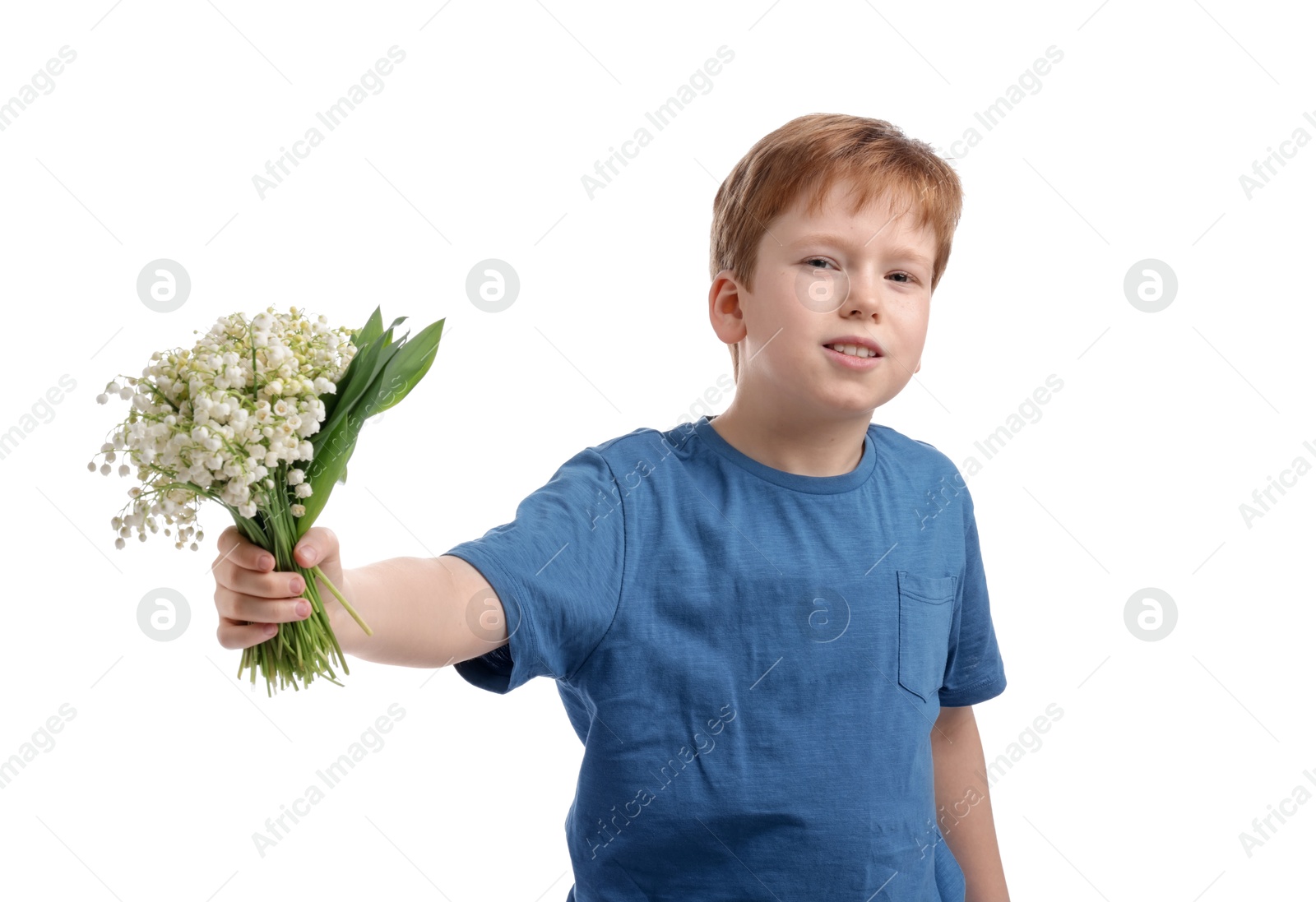 Boy with bouquet of beautiful lily-of-the-valley flowers on white background Photo of Boy with bouquet of beautiful lily-of-the-valley flowers on white background