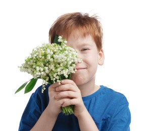 Photo of Boy with bouquet of beautiful lily-of-the-valley flowers on white background
